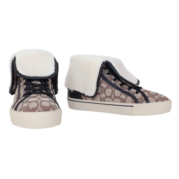Coach Womens Sig Jacquard Fold Over Sherpa High Tops-Womens 9-Cocoa/Black-NWT - Picture 1 of 13
